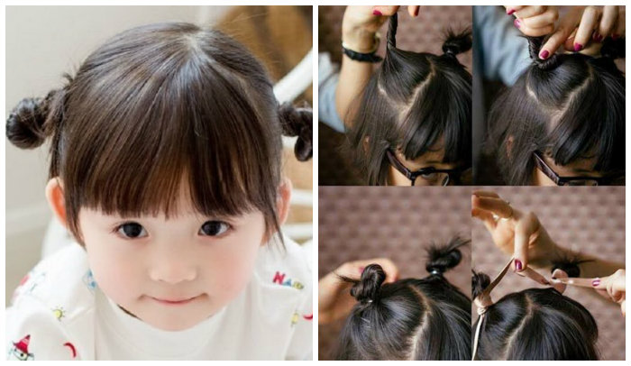 Dùng dây buộc tóc nhẹ nhàng cho bé gái.