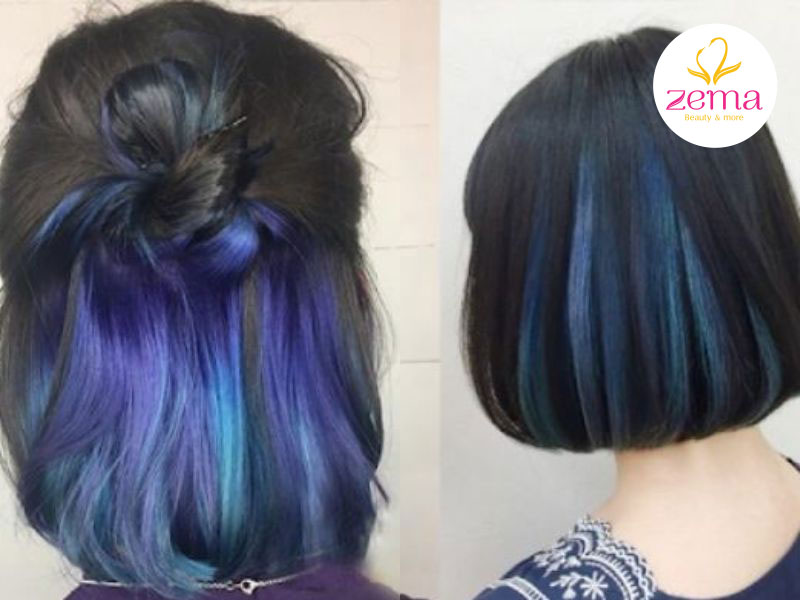 Các lọn tóc xanh dương tím nổi bật trên nền tóc đen